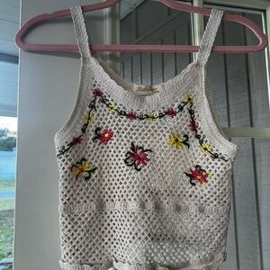 Rebellion Again Cream Crochet Tank with Floral Embroidery